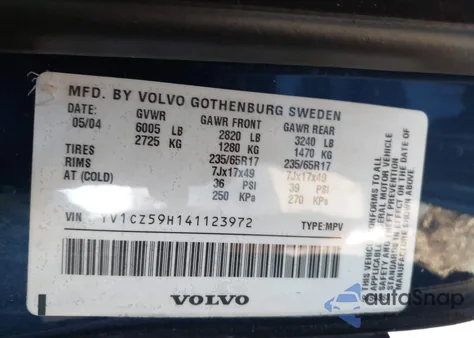 2004 Volvo Xc90 2.5T Awd z USA, uszkodzony, nr VIN YV1CZ59H141123972